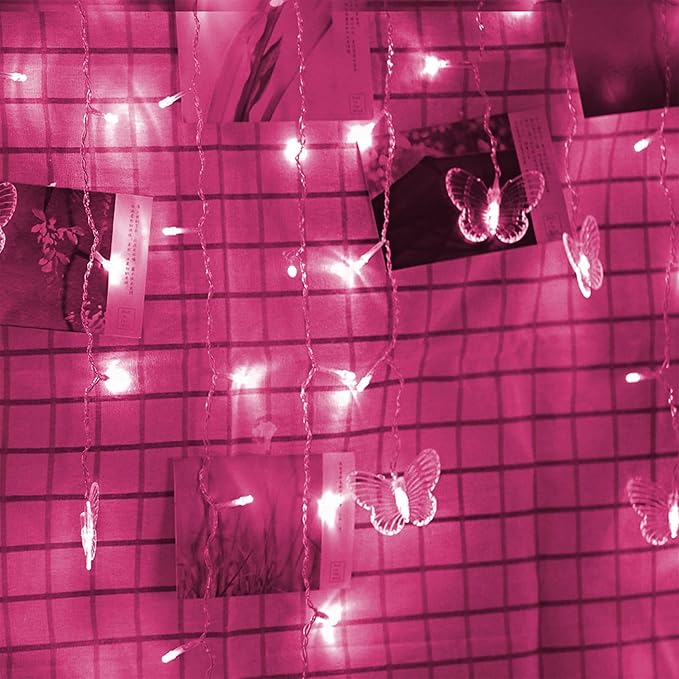 Butterfly Curtain Lights, 4.9ft 48 LED USB Window Fairy Lights 10 Butterflies 8 Modes Firefly Twinkle String Lights for Room Bedroom Wall Ceiling Party Wedding Christmas (Pink)