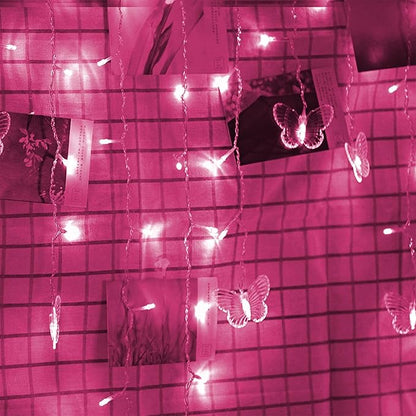 Butterfly Curtain Lights, 4.9ft 48 LED USB Window Fairy Lights 10 Butterflies 8 Modes Firefly Twinkle String Lights for Room Bedroom Wall Ceiling Party Wedding Christmas (Pink)