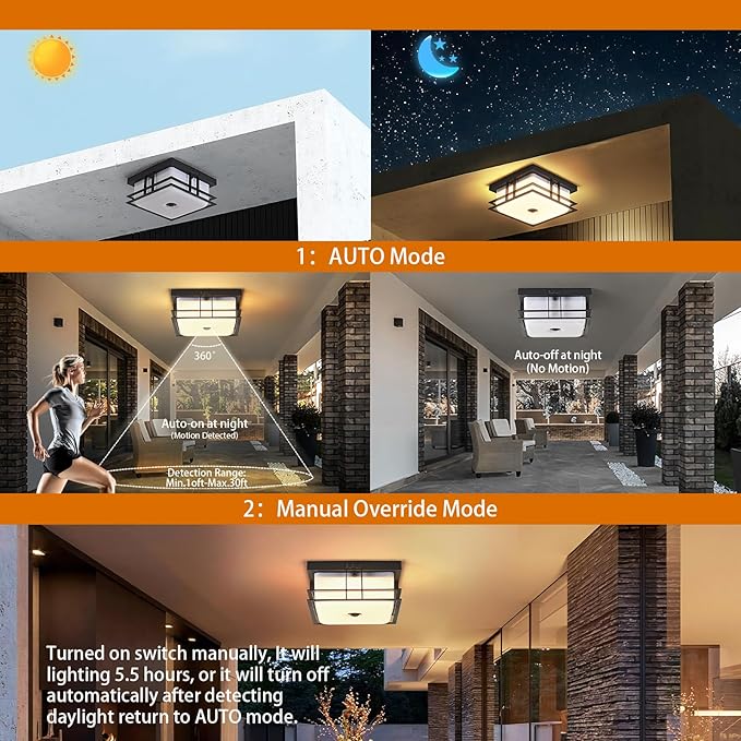 LED Motion Sensor Outdoor Ceiling Light with Acrylic Shade 24W 5CCT Flush Mount Ceiling Fixture for Porch, Patio, Balcony, Garage