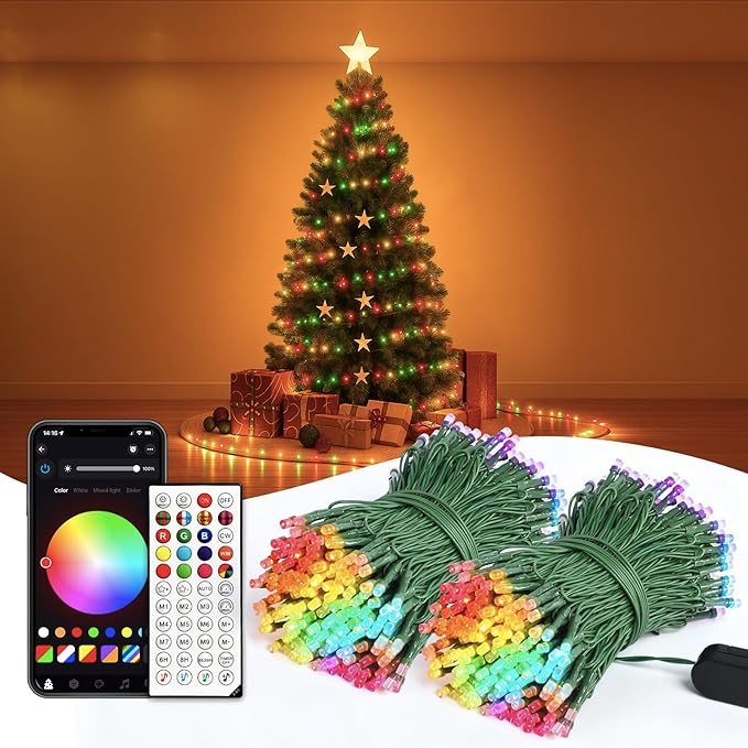 Smart RGB+IC String Lights with 300 LED, 98 FT Indoor Color Changing Christmas Lights, APP & Remote Control, 84 Scenes, Music Mode, Christmas Tree Decor