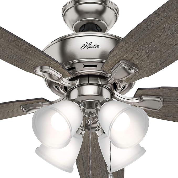 Hunter 52 inch Indoor Ceiling Fan with LED Lights - Ceiling Fan with Pull Chain, For Bedroom or Living Room, Standard Mount, No Remote, 5 Blades, Includes Bulbs - Amberlin 53216, Brushed Nickel
