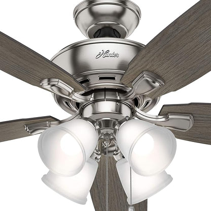 Hunter 52 inch Indoor Ceiling Fan with LED Lights - Ceiling Fan with Pull Chain, For Bedroom or Living Room, Standard Mount, No Remote, 5 Blades, Includes Bulbs - Amberlin 53216, Brushed Nickel