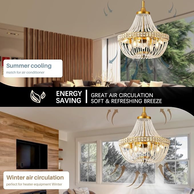 20 inch Chandelier Fan, Luxury Crystal Ceiling Fan with Lights, Remote/APP Controlled, 7 Blades Invisible Fan for Bedoom, Dining Room, (Gold, 20" Luxurious Style)
