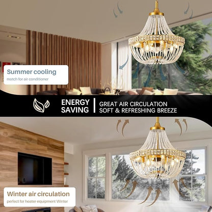 20 inch Chandelier Fan, Luxury Crystal Ceiling Fan with Lights, Remote/APP Controlled, 7 Blades Invisible Fan for Bedoom, Dining Room, (Gold, 20" Luxurious Style)