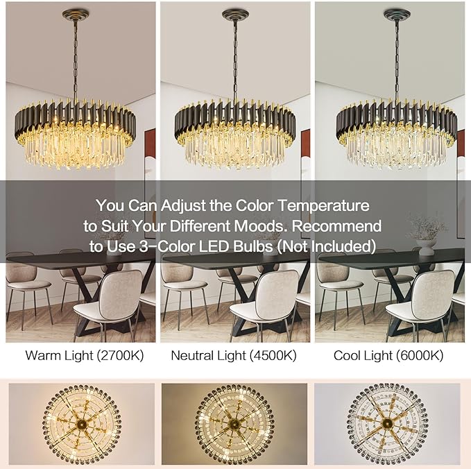 24" Modern Black and Gold Crystal Chandelier for Dining Room,5-Tier 8 Lights K9 Crystal Round Ceiling Light Fixture,Large Pendant Lighting Chandeliers for Living Room Entryway Foyer