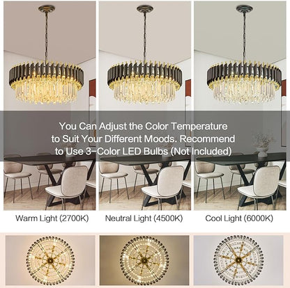 24" Modern Black and Gold Crystal Chandelier for Dining Room,5-Tier 8 Lights K9 Crystal Round Ceiling Light Fixture,Large Pendant Lighting Chandeliers for Living Room Entryway Foyer