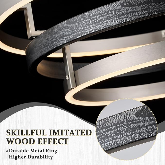 Modern LED Chandelier Black Wood Dimmable 3 Ring Brushed Nickel Chandeliers Light 24in Dining Room Chandeliers for Entryway Foyer Kitchen Island Living Room Study Room