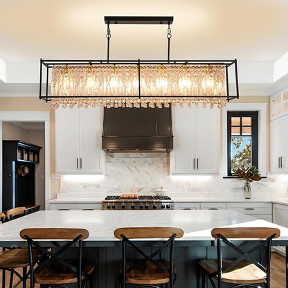 Crystal Chandeliers for Dining Room,50IN Modern Black Chandelier for Living Room, Adjustable Height, 7-Light Pendant Light Fixture,Rectangle Lighting for Kitchen Island Living Room