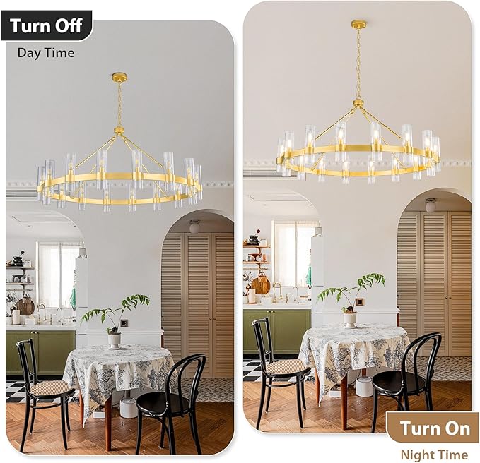 48 Inch Gold Chandelier, Wagon Wheel Chandelier with Glass Shade, 16-Lights Large Round Modern Farmhouse High Ceiling Pendant Lighting Fixtures for Dining Living Room, Kitchen Island, Foyer