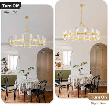 48 Inch Gold Chandelier, Wagon Wheel Chandelier with Glass Shade, 16-Lights Large Round Modern Farmhouse High Ceiling Pendant Lighting Fixtures for Dining Living Room, Kitchen Island, Foyer
