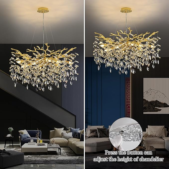 Tree Branch Chandelier Modern Crystal Pendant Light, Luxury Gold Art Deco Raindrop Lighting Fixture for Dining Room Bedroom Living Room 10 Lights D30''