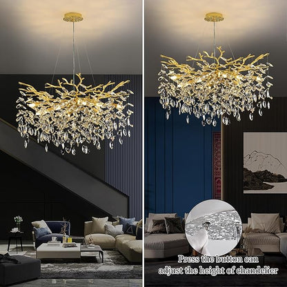 Tree Branch Chandelier Modern Crystal Pendant Light, Luxury Gold Art Deco Raindrop Lighting Fixture for Dining Room Bedroom Living Room 10 Lights D30''