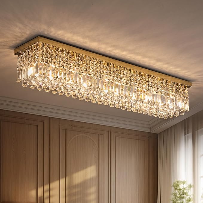 7PM Modern Rectangular Chandelier, 10-Light Dining Room & Living Room Flush Mount, Gold (L47' x W10' x H10')