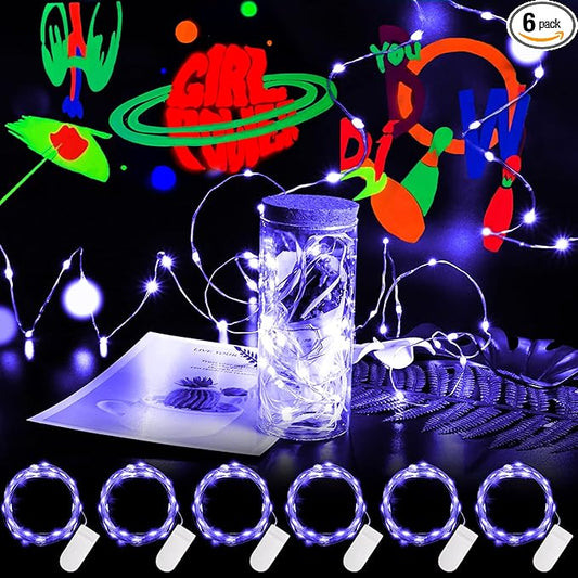 6 Pack Black Light Fairy Lights Battery Operated UV Black String Lights Waterproof Silver Wire 7 Ft 20 Led Firefly Starry Moon Lights for DIY Glow Party Body Paint Halloween Décor