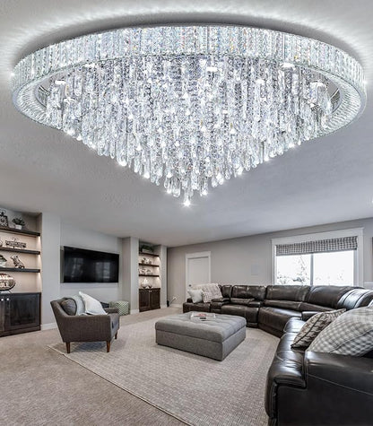 53.7" Modern Chandeliers LED Dimmable Crystal Flush Mount Ceiling Chandeliers for Living Room High Ceiling Entrance Foyer Lobby Bedroom Silver