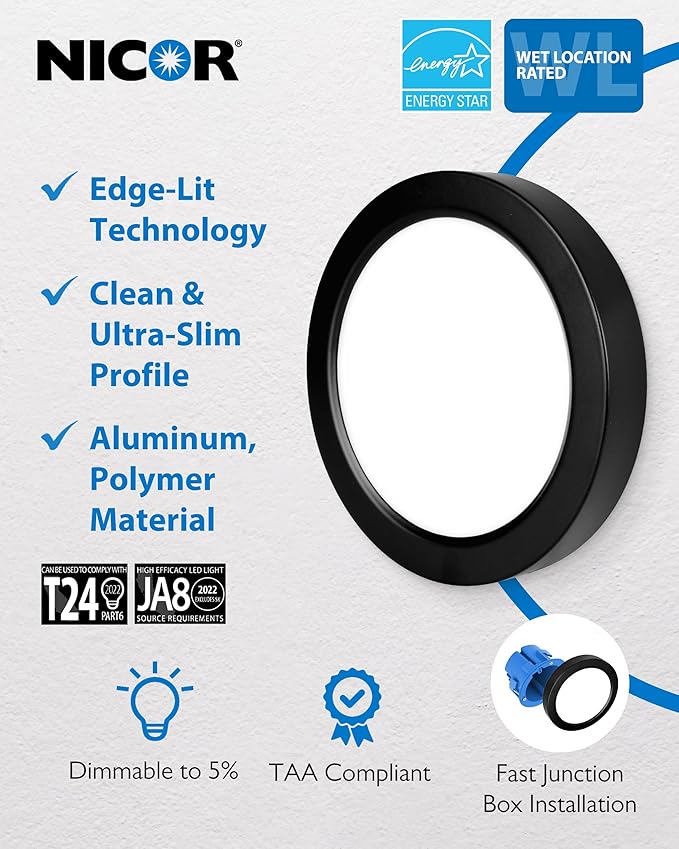 5” Round LED Surface Mount Ceiling Light - Dimmable Ceiling Light for Kitchen - Selectable CCT 2700K-5000K, 615-641 Lumens, 10.4W - DSE Edge-Lit Downlights for Ceiling, Black by NICOR Lighting