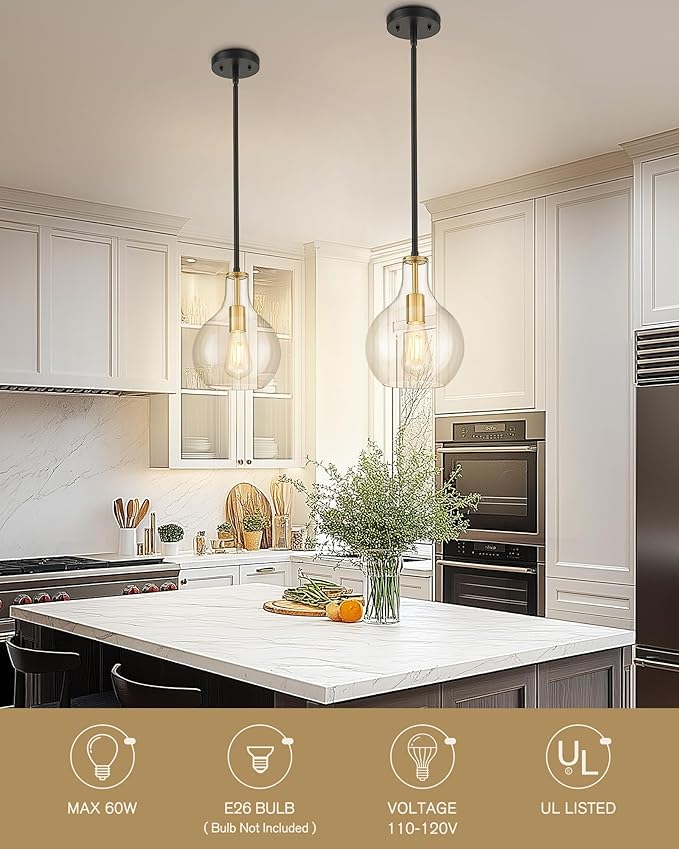 Emak 2 Pack Modern Pendant Lights Kitchen Island, Black and Gold Pendant Light Fixtures with Clear Glass Shade, Farmhouse Hanging Lights for Kitchen, Dining Room, Bathroom, PL125-BKBGD-CG-2PK