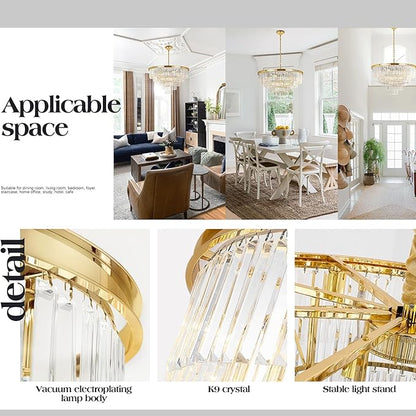 Gold Plated Modern Crystal Chandeliers Lighting Contemporary Pendant Chandelier Ceiling Lamp Lights Fixture 5-Tier (10 Lights) for Dining Living Room Entryway W28 Inch