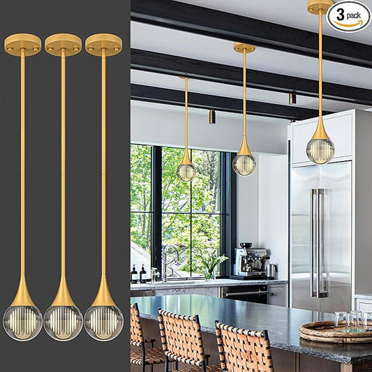 3-Pendant Lights Kitchen Island, Painted Gold Globe Crystal Ceiling Hanging Light Fxitures, LED Light Fixtures Metal Rod Ceiling Glass Pendant Lighting for Kitchen Island Dining Room Bar