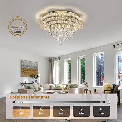 Gold 30" Modern Flush Mount Chandelier for Living Room, LED Crystal Ceiling Light for Bedroom,Elegant Dining Room Lighting Fixture with Remote Control, 3CCT Dimmable
