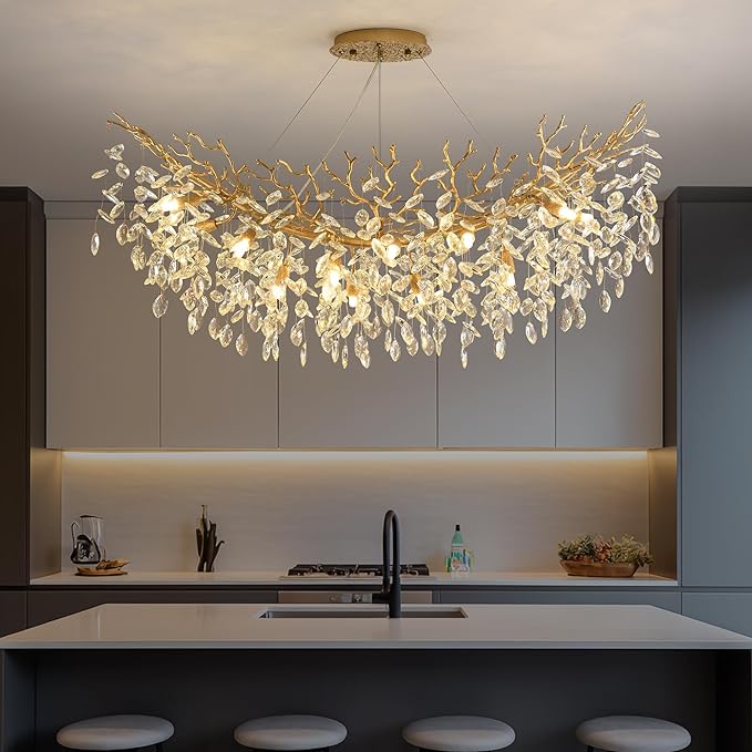 Rectangle Crystal Tree Branch Chandelier, L47.3'' Modern Luxury Gold Linear Art Deco Raindrop Pendant Lighting Fixture for Kitchen Island Foyer Living Room Dining Room 12 Lights