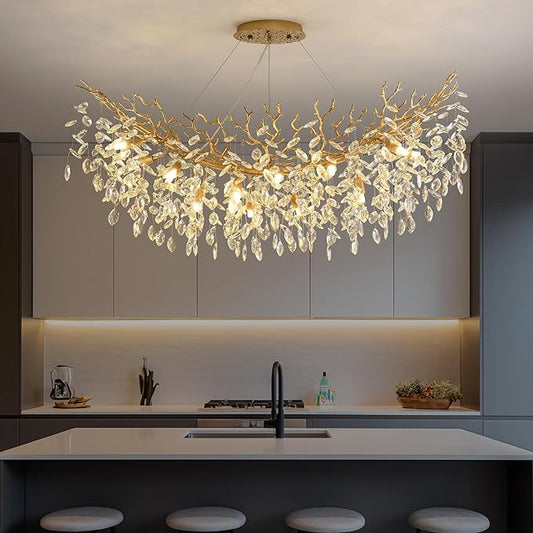 Rectangle Crystal Tree Branch Chandelier, L47.3'' Modern Luxury Gold Linear Art Deco Raindrop Pendant Lighting Fixture for Kitchen Island Foyer Living Room Dining Room 12 Lights