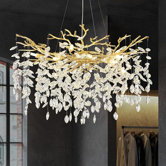 Crystal Chandeliers,23.6" Gold Modern Round Crystal Chandeliers for Dining Room Industrial Farmhouse Raindrop Chandelier for Kitchen Island, Living Room, Bedroom, Entryway (8-Light)