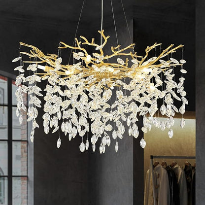 Crystal Chandeliers,23.6" Gold Modern Round Crystal Chandeliers for Dining Room Industrial Farmhouse Raindrop Chandelier for Kitchen Island, Living Room, Bedroom, Entryway (8-Light)