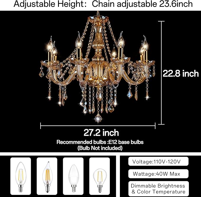 Bagood Champagne 8 Lights K9 Crystal Candle Chandeliers Lighting Candle Chandelier Lighting Modern Pendant Lights for Dining Living Room Bedroom Entry Elegant Decoration E12 Base, H22.8 x W27.2 Inch
