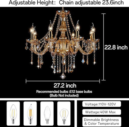 Bagood Champagne 8 Lights K9 Crystal Candle Chandeliers Lighting Candle Chandelier Lighting Modern Pendant Lights for Dining Living Room Bedroom Entry Elegant Decoration E12 Base, H22.8 x W27.2 Inch