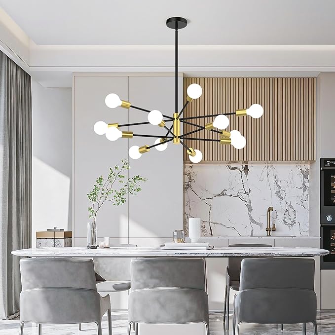 Sputnik Chandelier 12-Light, Mid Century Modern Height Adjustable Ceiling Light Fixture for Dining Room, Kitchen Island, Living Room,Bedroom-Black and Gold