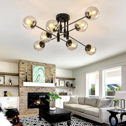 8 Light Glass Globe Ceiling Light Black Mid Century Flush Mount Sputnik Light Fixture Bubble Chandelier Living Room Farmhouse for Dining Room Kitchen Bedroom.