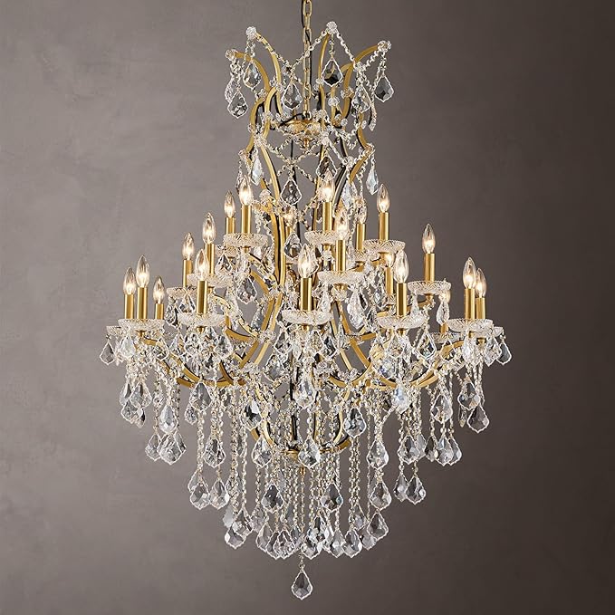 24 Lights Large Crystal Chandeliers for High Ceilings Brass Maria Theresa Chandelier Modern Chandelier Light Fixture for Foyer Living Room Hallway Entryway Staircase 55.1" H x 39.4" D