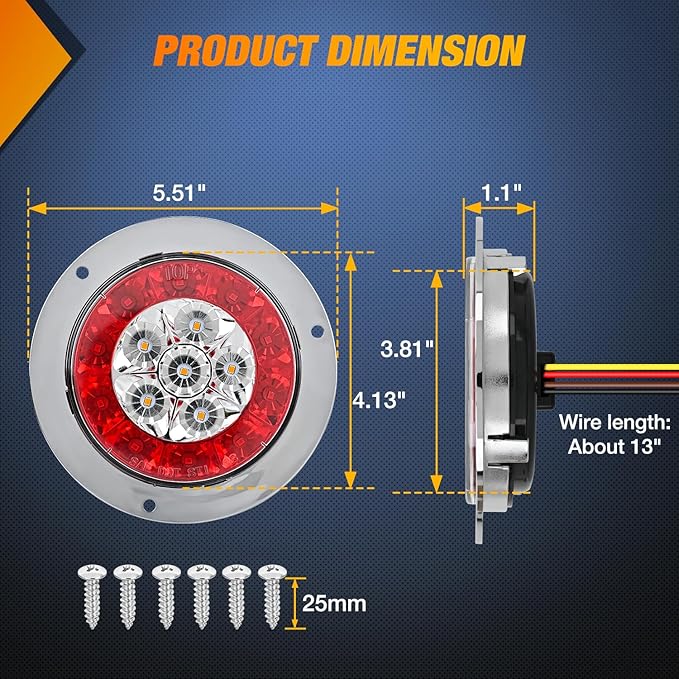 Nilight Trailer Tail Light 2PCS 4Inch Round 16 LED Red Amber Chrome Frame Marker Clearance Stop Brake Turn Signal Running Taillight IP67 Waterproof for Trailer Truck Pickup Camper RV