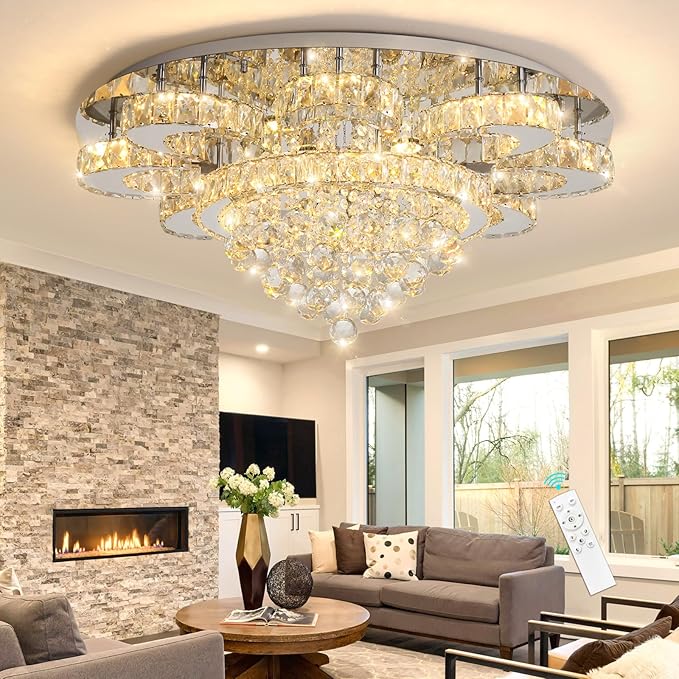 HAIXIANG Modern Chandelier Living Room Glam Chandeliers Ceiling Light Fixture Remote Dimmable Lights 32 Inches Luxury Crystal Silver Light