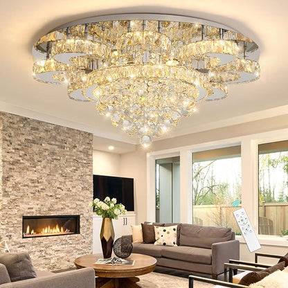 HAIXIANG Modern Chandelier Living Room Glam Chandeliers Ceiling Light Fixture Remote Dimmable Lights 32 Inches Luxury Crystal Silver Light
