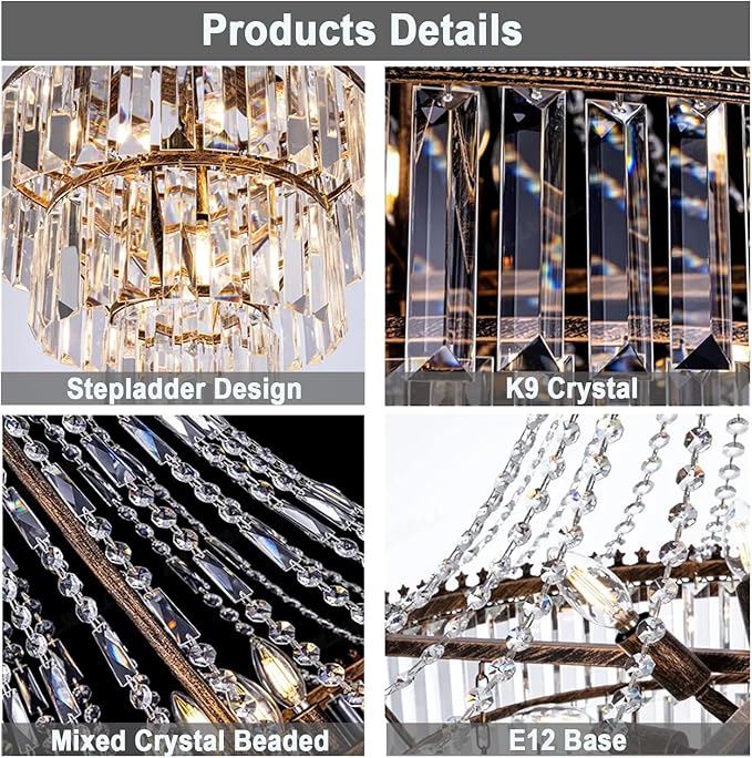 French Empire Crystal Chandelier Antique Bronze Vintage Pendant Light Large Farmhouse Chandeliers Ideal for High-Ceiling Stairwells,Entryways,Dining Room Living Room W31 × H47