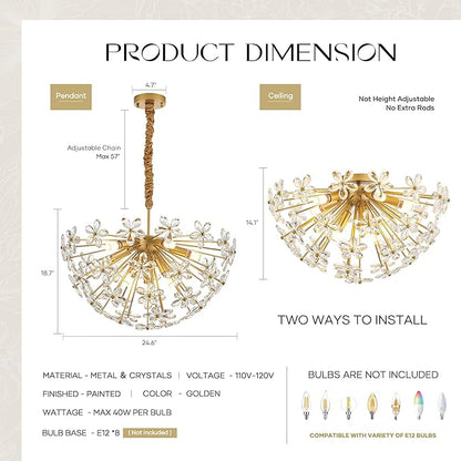 24" Modern Gold Crystal Sputnik Chandelier for Dining Living Room Glam Luxury Petal Semicircle Chandelier 8-Light for Foyer Hallway Elegant Pendant Ceiling Light Fixtures for Kitchen Bedroom