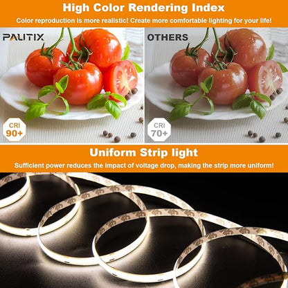PAUTIX COB LED Strip Light 4000K,32.8ft/10m Dimmable DC24V Natural White LED Strip Lights,CRI93+ Super Bright High Lumen Tape Lights Kit,Work with Alexa/Google Assistant for Home&Office DIY Lighting