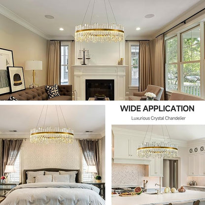 Gold Led Modern Crystal Chandelier: 31.5" Round Contemporary 3 Color Dimmable Large Dining Room Light Fixture over Table - Adjustable luxury Lighting for Bedroom Living Kitchen Island Entryway Foyer