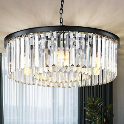 Black Modern Crystal Chandelier, 2-Tier Round Flush Mount Ceiling Light Fixtures Height Adjustable Pendant Lighting for Dining Room Living Room Bedroom Kitchen Hotel Foyer