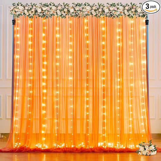 Orange Tulle Backdrop Curtain with Lights String for Parites 10x8ft Sheer Backdrop Curtains Drapes for Birthday Party Baby Shower Wedding Ceremony Prom Halloween Photo Booth Background Decorations