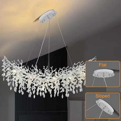 Modern Crystal Tree Branches Chandelier, 40in Silver 10 Lights Large Ceiling Hanging Light for Dining Room, Arc Raindrop Pendant Light Fixture