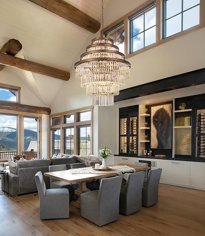 Wellmet Large Crystal Chandelier, Luxury 7-Tier Chandelier, Antique Gold Crystal Pendant Light for Living Room, Dining Room, Porch, Entryway, Hallway, Restaurant, 31''W