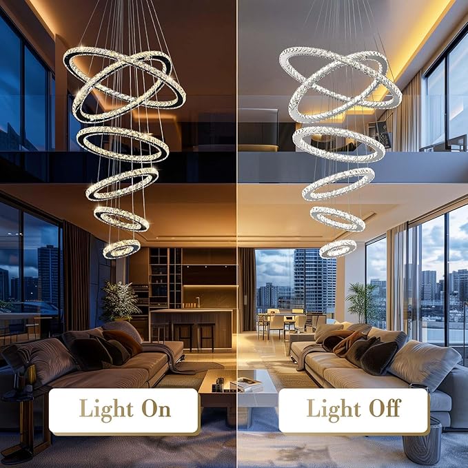 Siljoy Modern Crystal Chandelier Lighting, 6 Ring Chandelier LED Ceiling Lights Fixtures with 3-Color, High Ceiling Foyer Chandeliers for Living Room Dining Room Staircase, D8-12-16-20-24"-28"