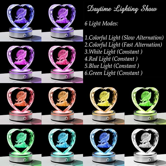 Qianwei Wolf Gifts for Women 3D Crystal Heart - Laser Moon Decor Glass Animals Wolf Gifts Figurines Statue Stuff for Room Decorations Moon Night Light