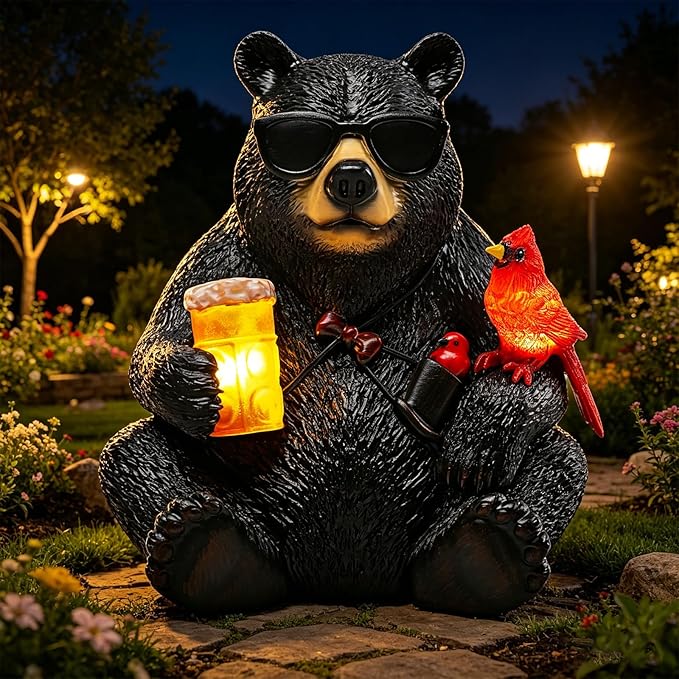 Solar Black Bear Statue for Garden with Beer and Cardinals 6.3" Resin Garden Statues for Outside Yard Paito Porch Decor Birthday Gardening Gifts for Women Mother Sister Grandmother Wife