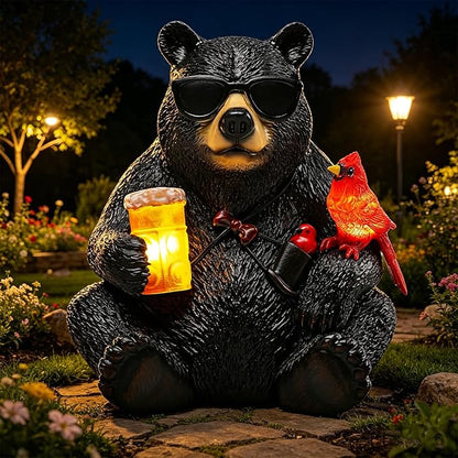 Solar Black Bear Statue for Garden with Beer and Cardinals 6.3" Resin Garden Statues for Outside Yard Paito Porch Decor Birthday Gardening Gifts for Women Mother Sister Grandmother Wife