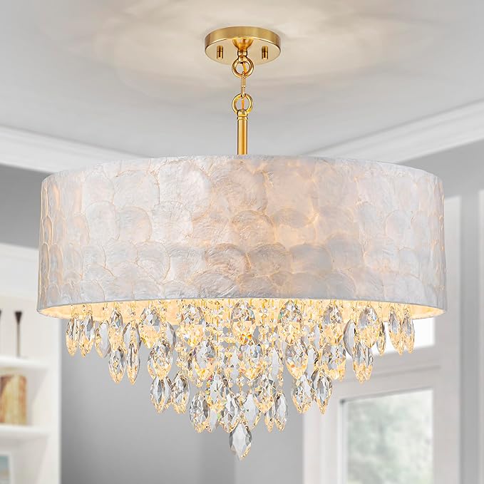 X-Large 6-Light Drum Capiz Shell K9 Crystal Chandelier, Coastal Style Pendant Light Fixture for Dining Room, Living Room, D24 * H24~70 Inch (Adjustable), Clear Crystal & Brass Finish