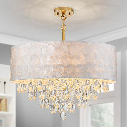 X-Large 6-Light Drum Capiz Shell K9 Crystal Chandelier, Coastal Style Pendant Light Fixture for Dining Room, Living Room, D24 * H24~70 Inch (Adjustable), Clear Crystal & Brass Finish